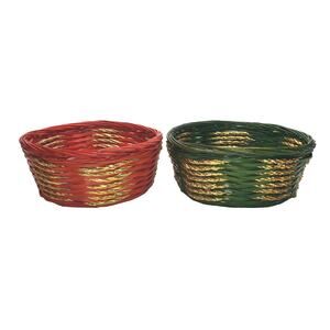 2 Wicker Baskets Red Green & Gold Christmas Colors Decorative Xmas Vtg